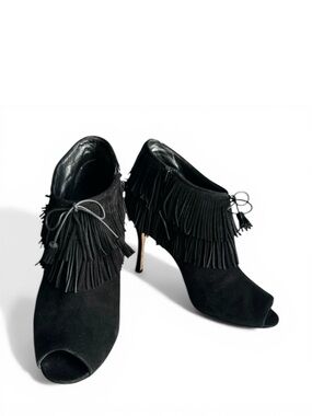 Manolo Blahnik Open Toe Heels Booties Black Suede Fringe